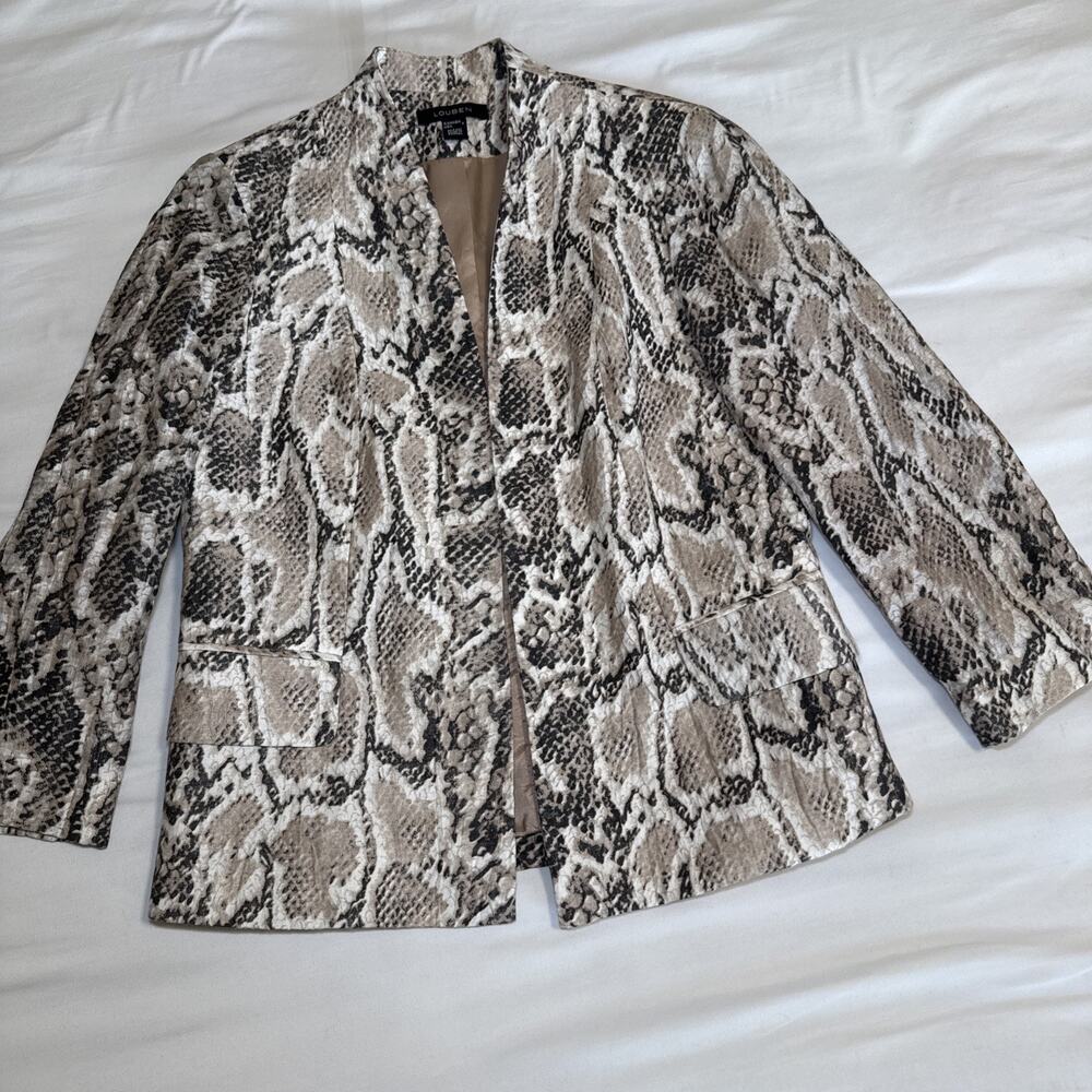 Louben Vtg 90s Snakeskin Print Blazer Jacket Linen Blend Neutral Tones Sz 4 EUC